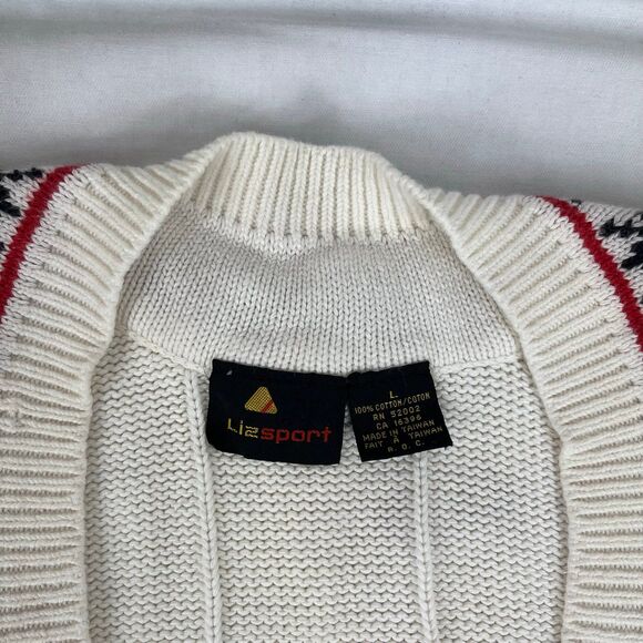 Vintage 90s LizSport Cotton Sweater Size Large Classic Preppy Knit V Neck - Picture 3 of 7